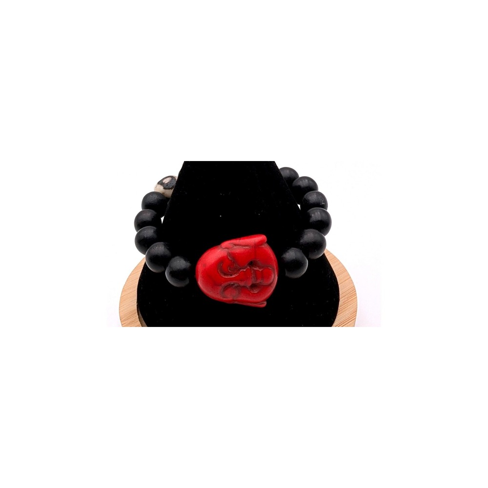 Black‎ Wood Bead Stretch Bracelet Red Carved Focal Accent Boho Women Jewelry